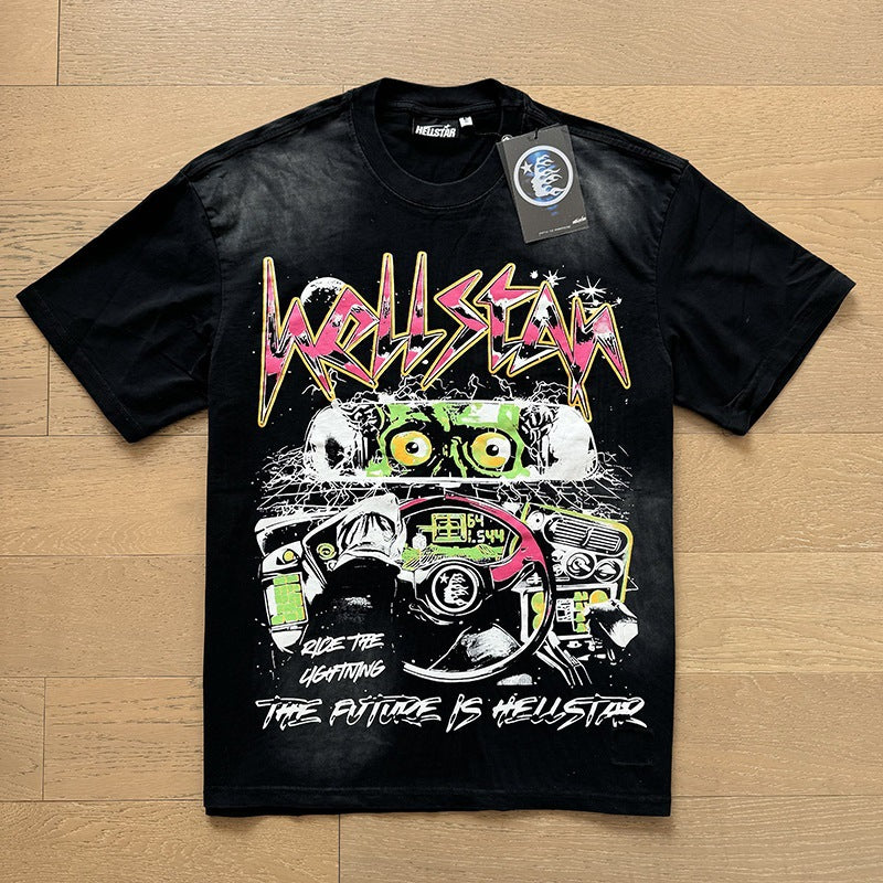 American brand washed distressed letter T-shirt