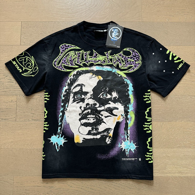 American brand washed distressed letter T-shirt