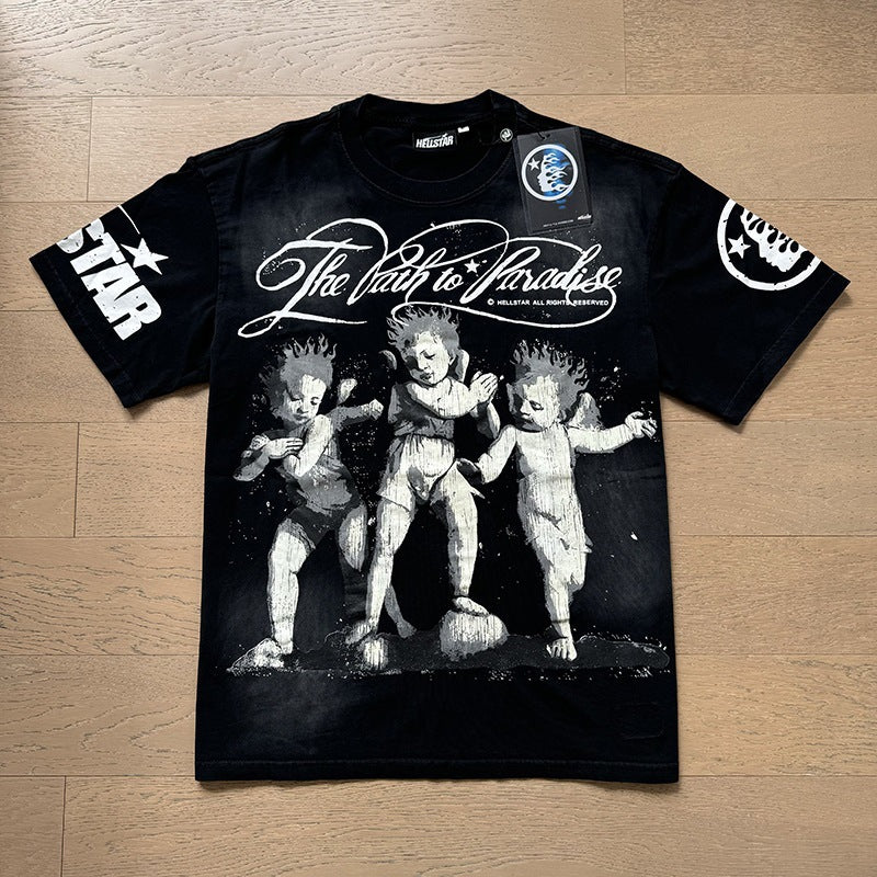 American brand washed distressed letter T-shirt