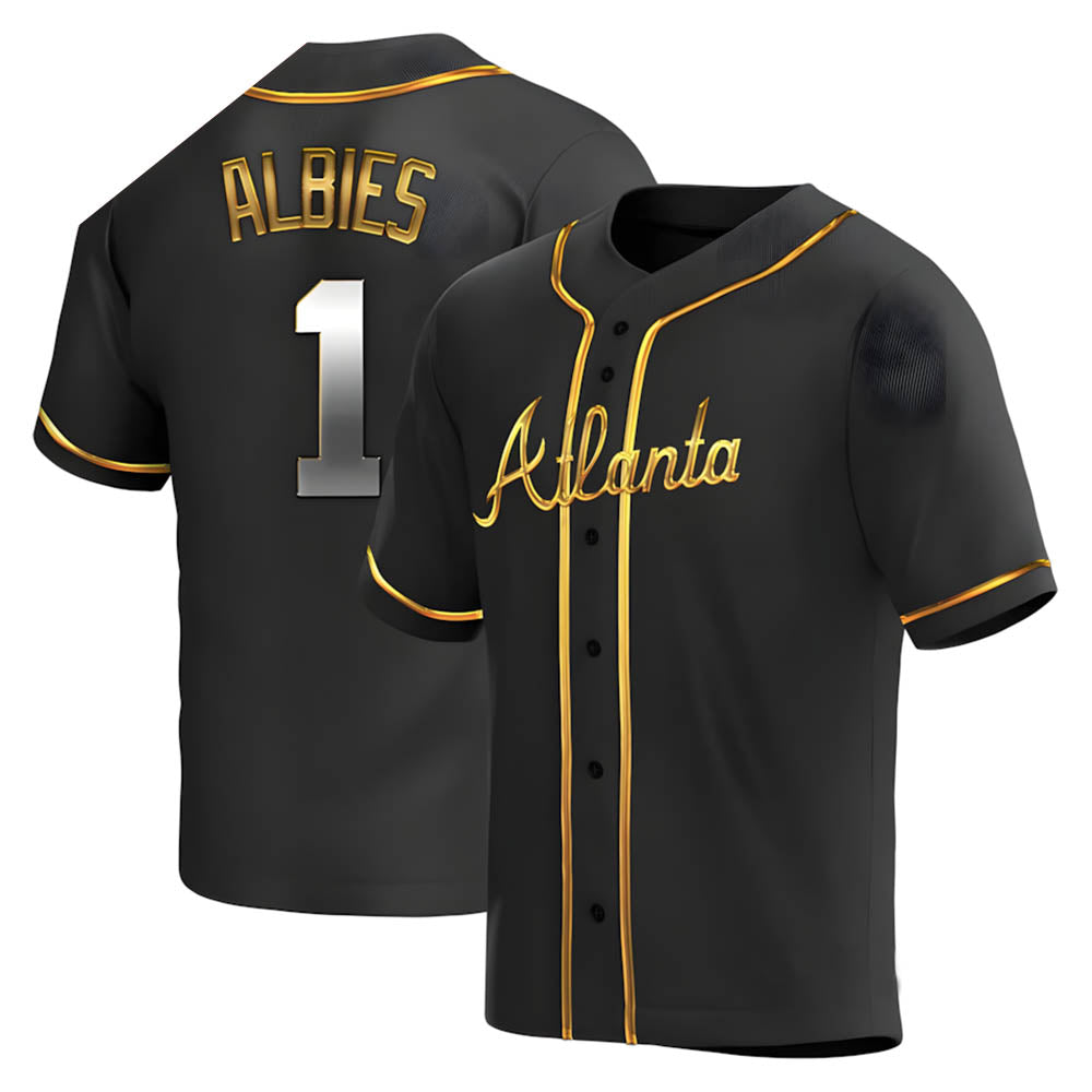 Arlishia A.Braves #1 Ozzie Albies Player Gold Replica Black en Alternate Stitched Jerseys