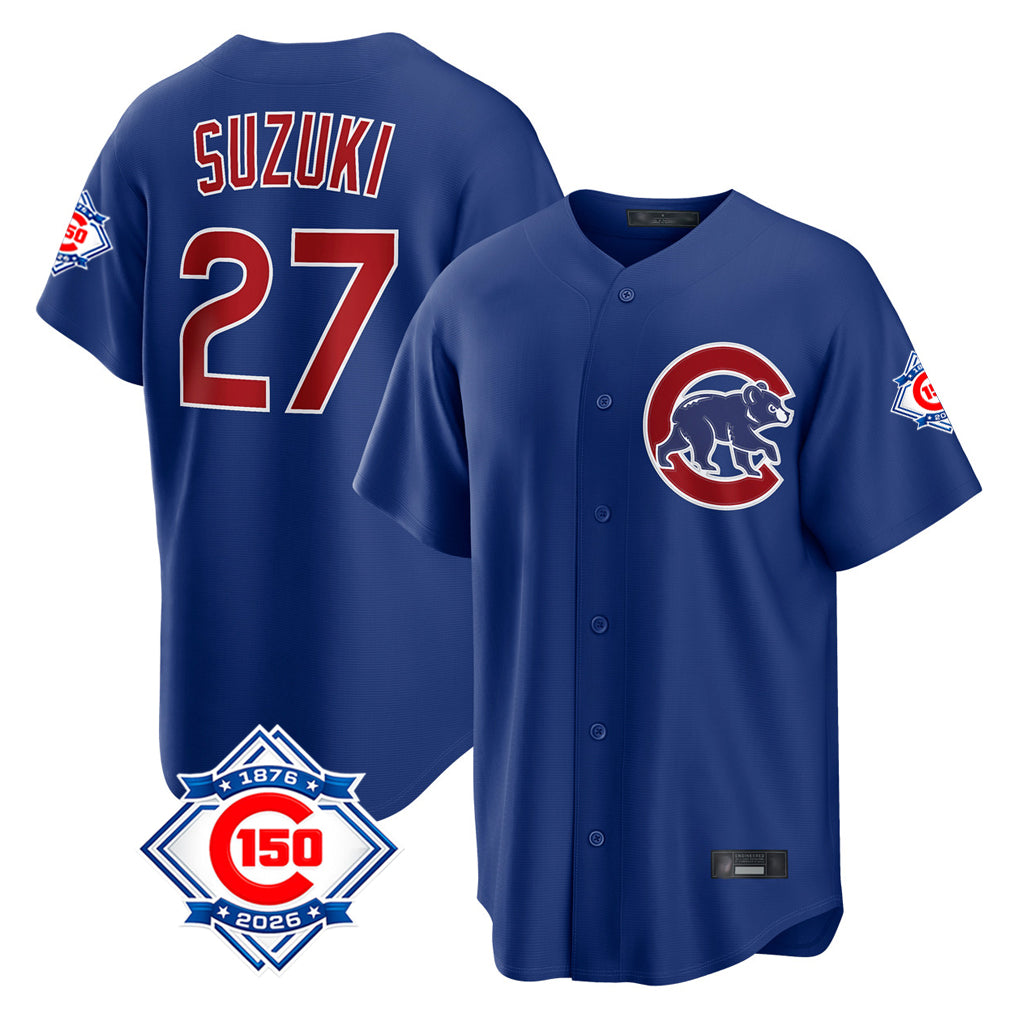 Arlishia C.Cubs #27 Seiya Suzuki Player Royal 150th Anniversary Home Game Stitched Jerseys