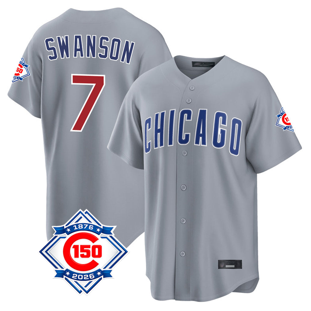 Arlishia C.Cubs #7 Dansby Swanson Player Gray 150th Anniversary Home Game Stitched Jerseys