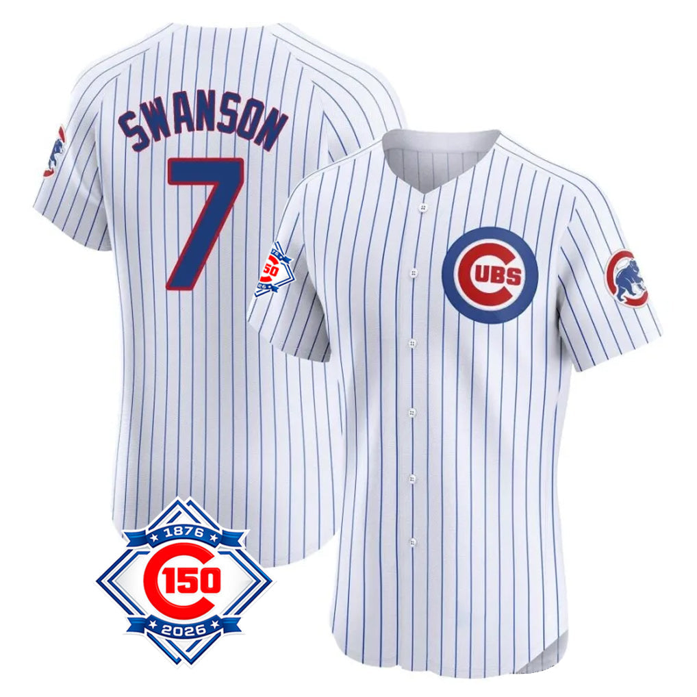 Arlishia C.Cubs #7 Dansby Swanson Player White 150th Anniversary Limited Elite Home Game Stitched Jerseys