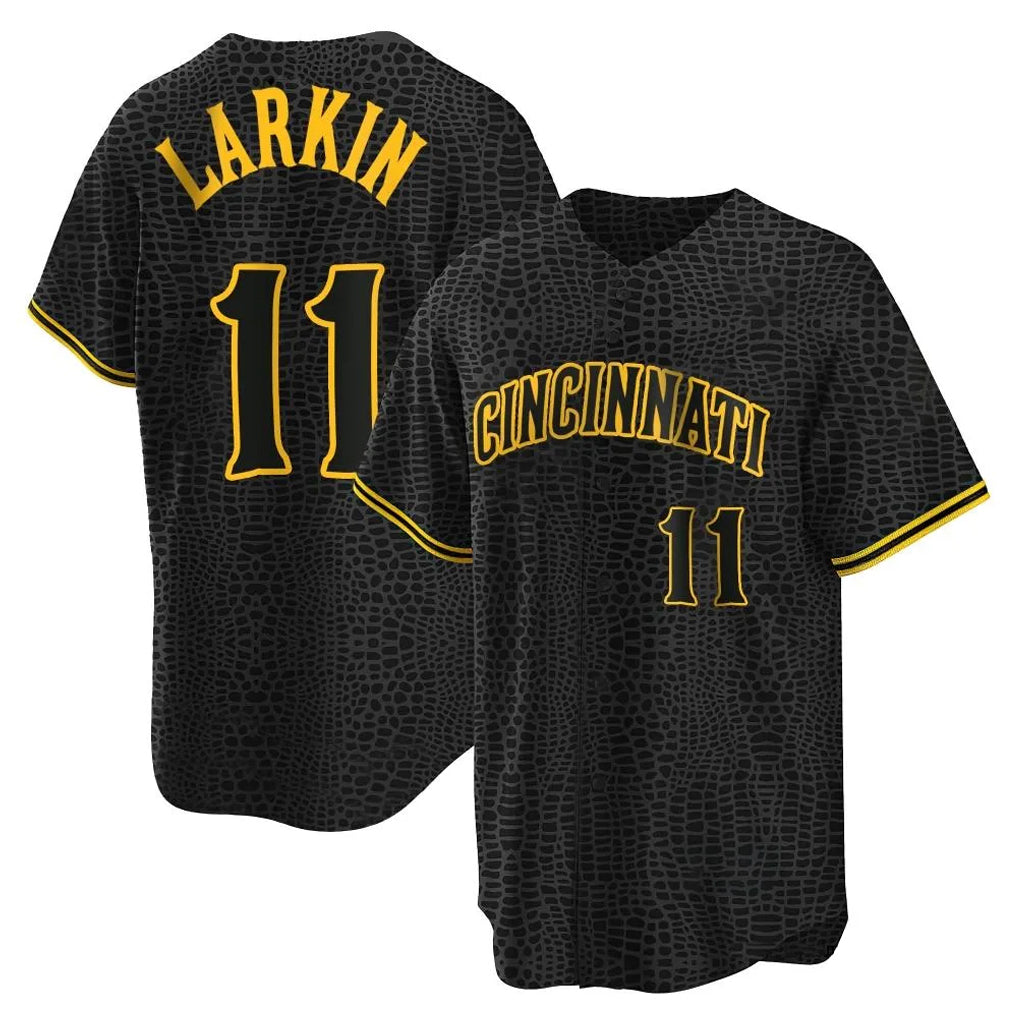 Arlishia C.Reds #11 Barry Larkin Player Black Snake Skin City Home Stitched Jerseys
