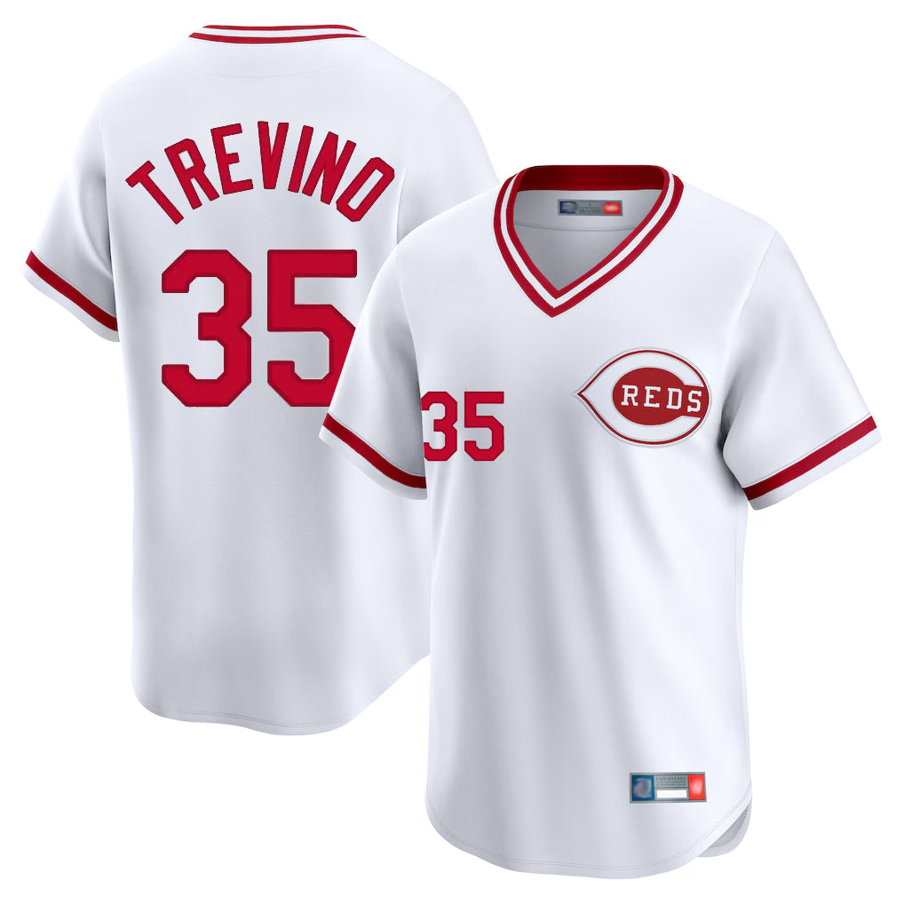 Arlishia C.Reds #35 Jose Trevino Player White Cooperstown Collection Limited T-shirt Home Stitched Jerseys