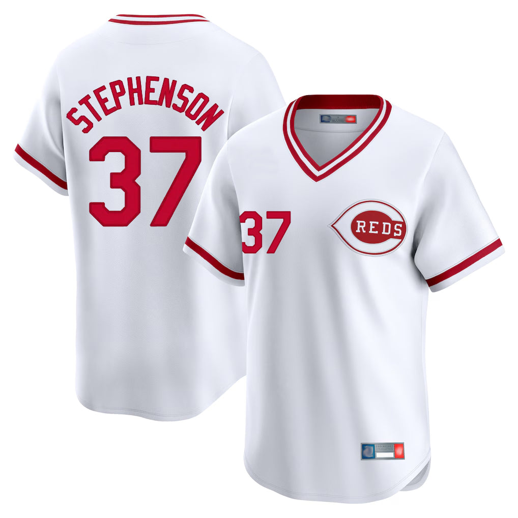 Arlishia C.Reds #37 Tyler Stephenson Player White Cooperstown Collection Limited T-shirt Home Stitched Jerseys