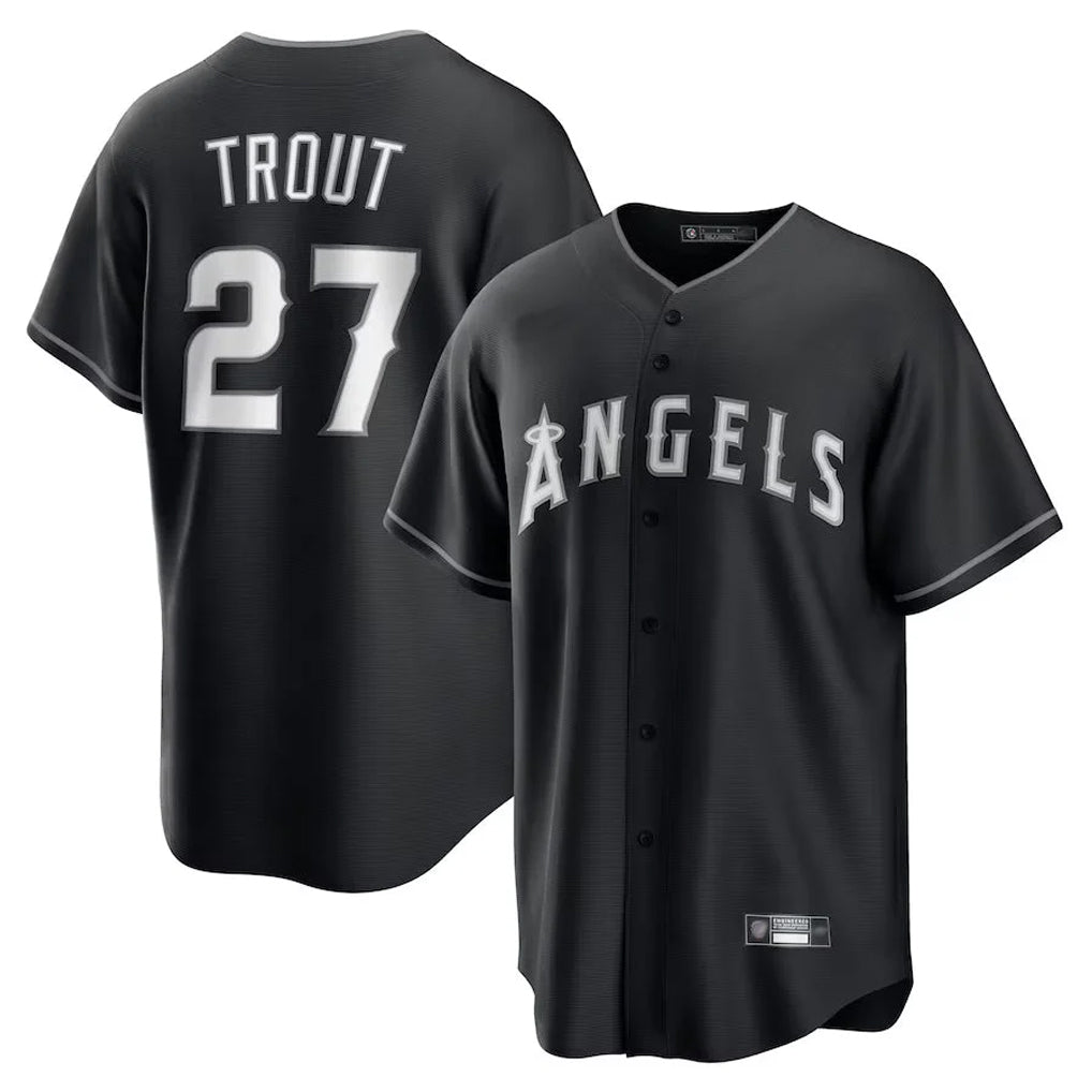 Arlishia LA.Angels #27 Mike Trout Player Black Lights Out Fashion T-shirt Stitched Jerseys