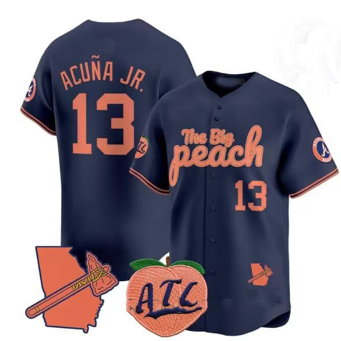 Arlishia A.Braves #13 Ronald Acuna Jr. NavyThe Big Peach Vapor Stitches Personalized Jersey